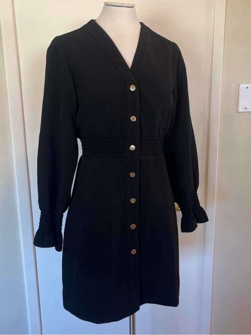 Sandro Black Button-Front Midi Dress with Gold Buttons